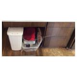 Kitchen Desk Contents, trash can, pans, coolers &