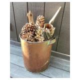 Copper pail, 13x15" tall, pine cones & wood