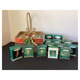 13 mini Hallmark ornaments in basket