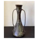 Art Nouveau twin handled metal vase, 12" tall