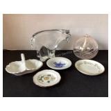 Art glass polar bear, butter pat, mini plates,