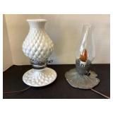 2 dresser lamps, one milk glass