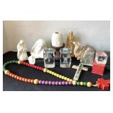 Religious Decor; ceramic nativity pieces, glass