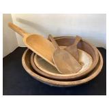 3 wood butter bowls (1 Munising), paddles & scoop