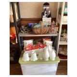 Metal shelf, tote of batting, shades, chimneys,