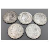 Five 1921 Morgan Silver Dollars, no mint marks