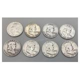 Eight 1954 Franklin Half Dollars