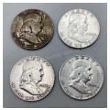 Four Franklin Half Dollars; 1957D, 1950, 1952D&