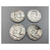 Four Franklin Half Dollars: 1951D, 1951, 1957D &