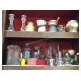 2 Shelves of Home Decor; artisan pottery,