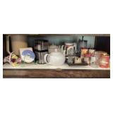 Shelf of tea, tea pots, Cuisinart coffee