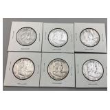 Six Franklin Half Dollars, 1948-59