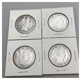 Four Barber Silver Half Dollars; 1908D, 1909O,