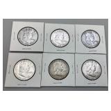 Six Franklin Half Dollars, 1948-52