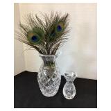 4 & 7" Waterford Vases & Peacock Feathers