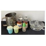 Vintage kitchen items, S&Ps, juicer, sifter &