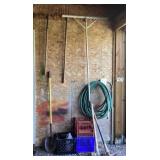 Pitch forks, landscape rake, pick ax, milk