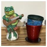 14" Cement frog & flower pots