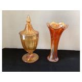 Carnival Glass Covered Dish & 8" vase