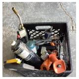 Crate of tools, torch, measuring tapes, snips &