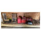 Gas cans, air tank, battery charger, wood posts &
