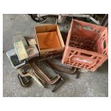 Crate with sandpaper, clamps, drill index & more