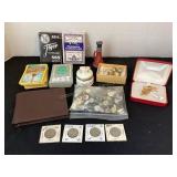 Buffalo nickels, bag of buttons, new leather