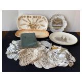 Religious plates, 1902 book, doilies & more
