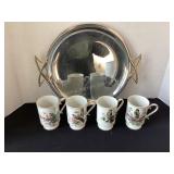 MCM 13 1/2" Tray & 4 Royal Crown Bird Mugs