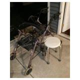 2 folding roller walkers, cane & stool