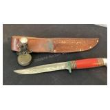 Western 8' knife, leather sheath, broken Marbles