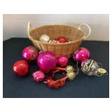 Basket of vintage Christmas ornaments & crystal