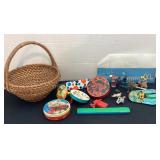 Vintage noise makers, iron figurines, vintage