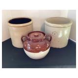 Two 2 gallon stoneware crocks & bean pot