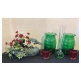 Duck planter, emerald green vases, paperweight
