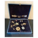 Avon jewelry box & contents; pins, earrings & more