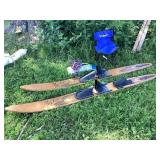 Wood Cascade water skis, rope & child's chair