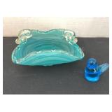 Aqua art glass dish & Bird of Happiness