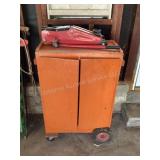Wood rolling shop cabinet, jack & contents