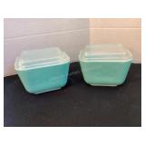 2 Pyrex turquoise covered refrigerator dishes