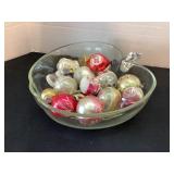 Large glass apple bowl of vintage ornaments &