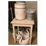Wood table, nail keg, buckets & plastic swan