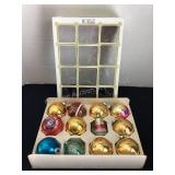 Box of mismatched vintage Christmas ornaments