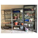 3 metal garage shelves & contents
