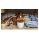 Shelf of stoneware & spongeware pottery