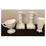 Milk glass candle holders, creamer & vase