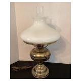 21" Brass hurricane lamp with milk glass shade
