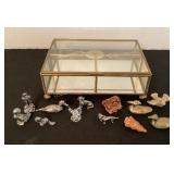 Jewelry box of miniatures, brass, pewter, Wades