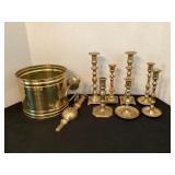 Brass planter & candleholders