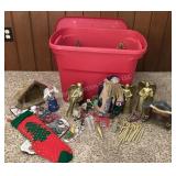 Tote of Christmas; ceramic tree, ornaments & more